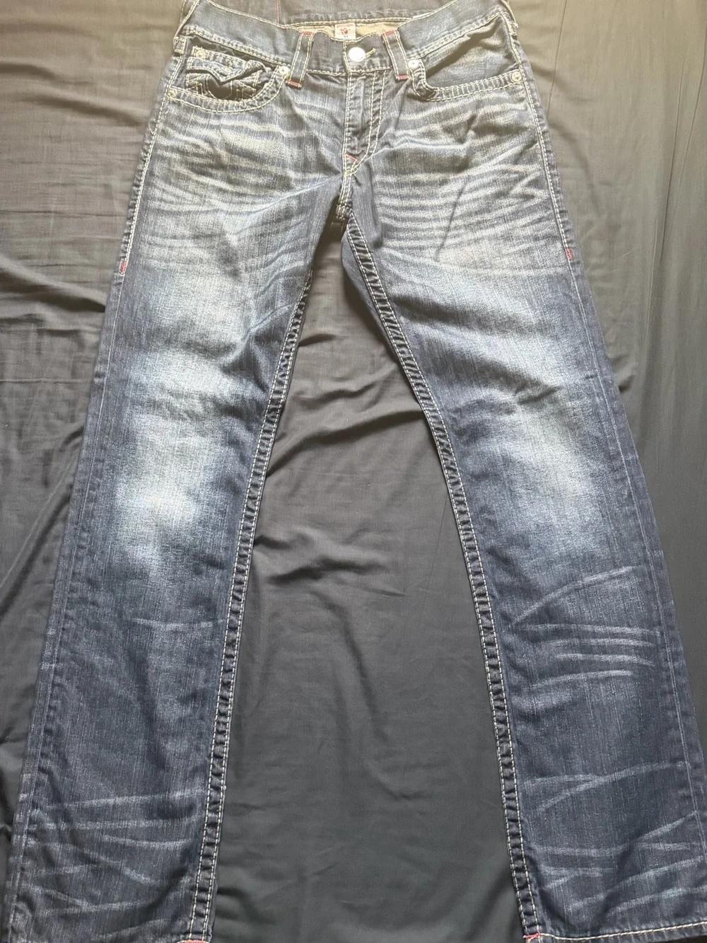 True Religion Men's Straight Jeans in Faded Blue Denim